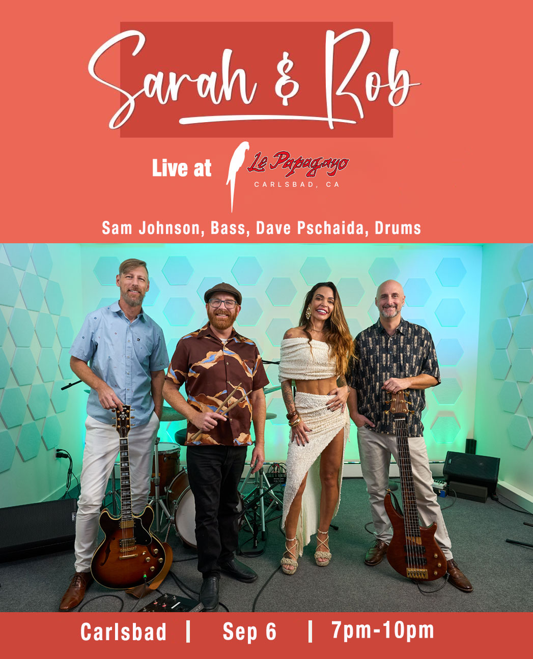 Sarah and Rob quartet flyer for Le Papagayo Carlsbad, September 6, 7 to 10pm